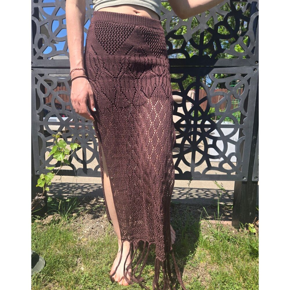 Women's Indie Boho Crochet Fringe Maxi Length Cover Up Skirt NEW